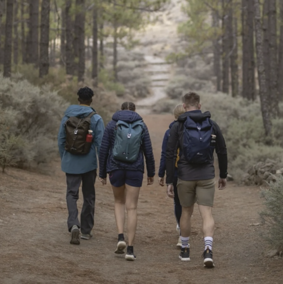 Group hiking in a forest with branded backpacks