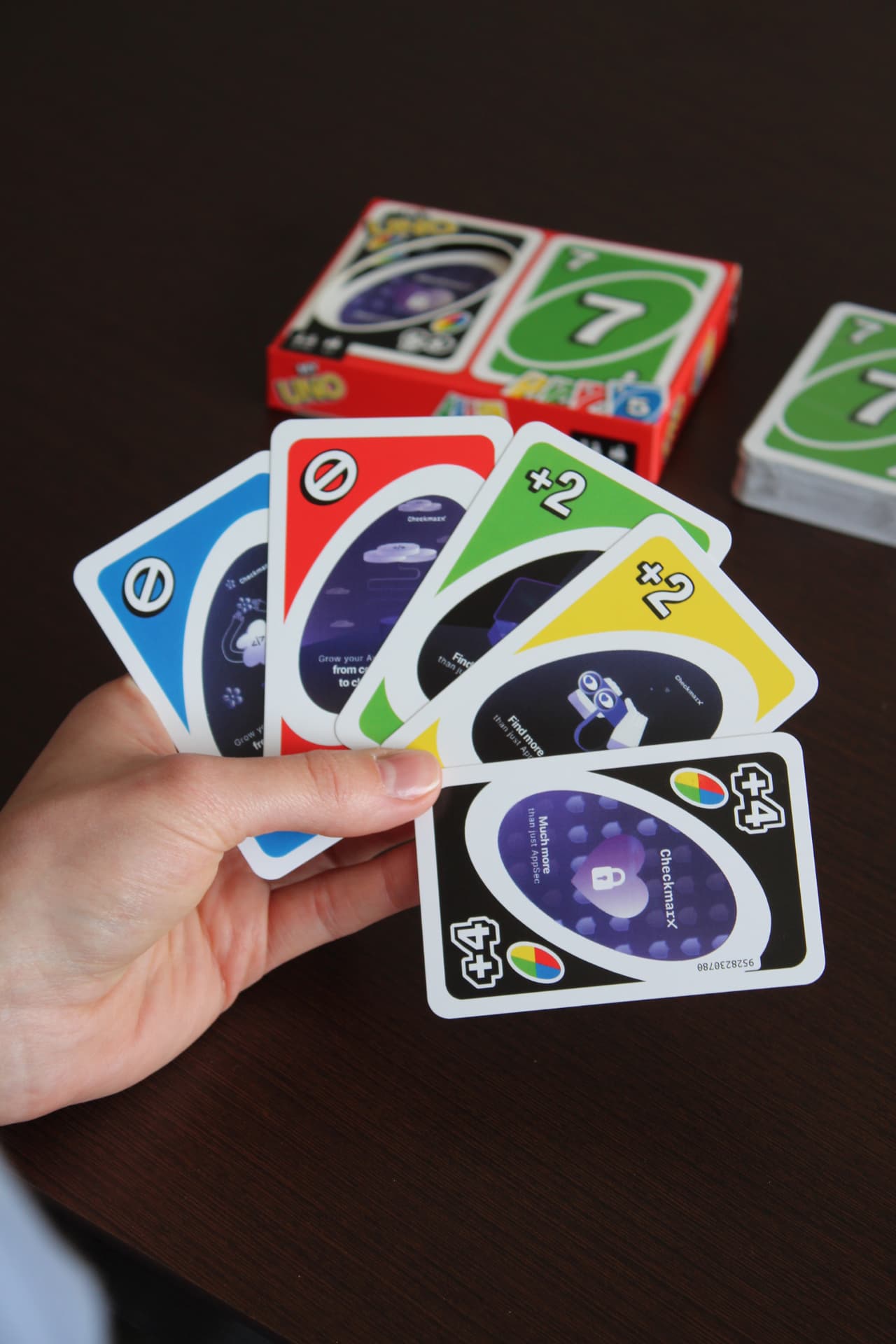 Custom Checkmarx branded UNO card deck with printed box
