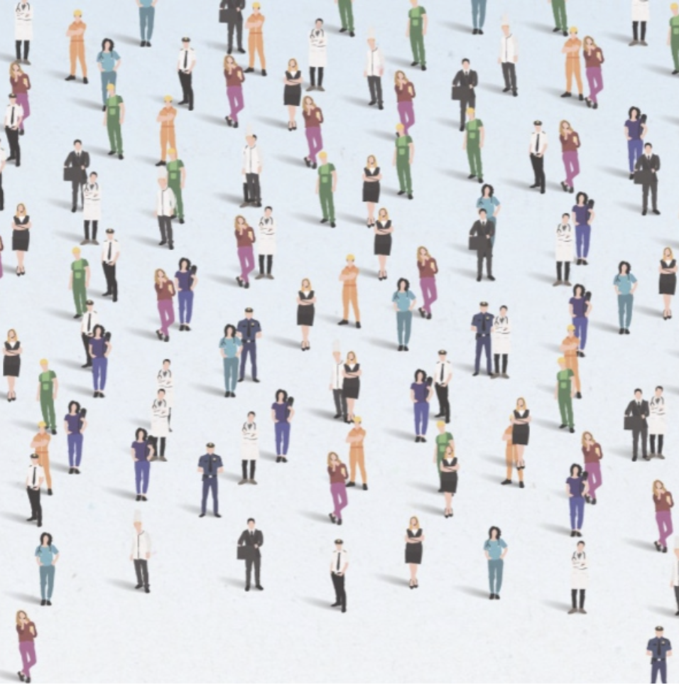 Illustration of a large crowd of workers in different uniforms